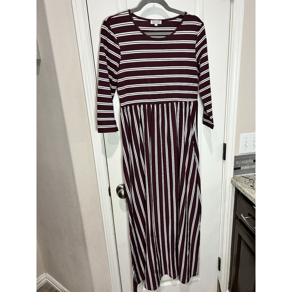 Sweet Salt Modest Clothing Maxi Dress Burgundy Stripe Three Quarter Sleeve Sz L